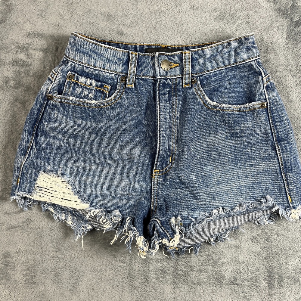 Avery & Co Cut Off Shorts Womens 00 Blue Denim Distressed Frayed Hem High Rise